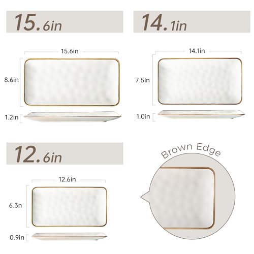 CULIVORA Ceramic Rectangle Serving Platter with Brown Rim: 15.6/14.1/12.6 Inch Large Serving Dishes for Entertaining Party, Sushi, Turkey, Cheese, Snack and Dessert, Microwave Dishwasher Safe