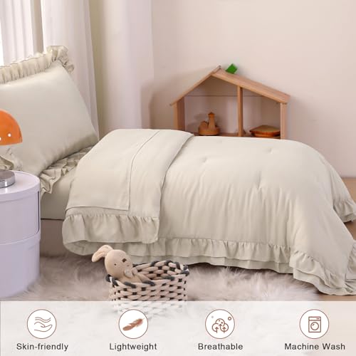 Image of Toddler Bedding Set for Girls, 4 Piece Double Ruffles Soft and Breathable Toddler Bed Sheets with Boho Toddler Comforter, Fitted Sheet, Flat Sheet and Pillowcase, Pale Beige