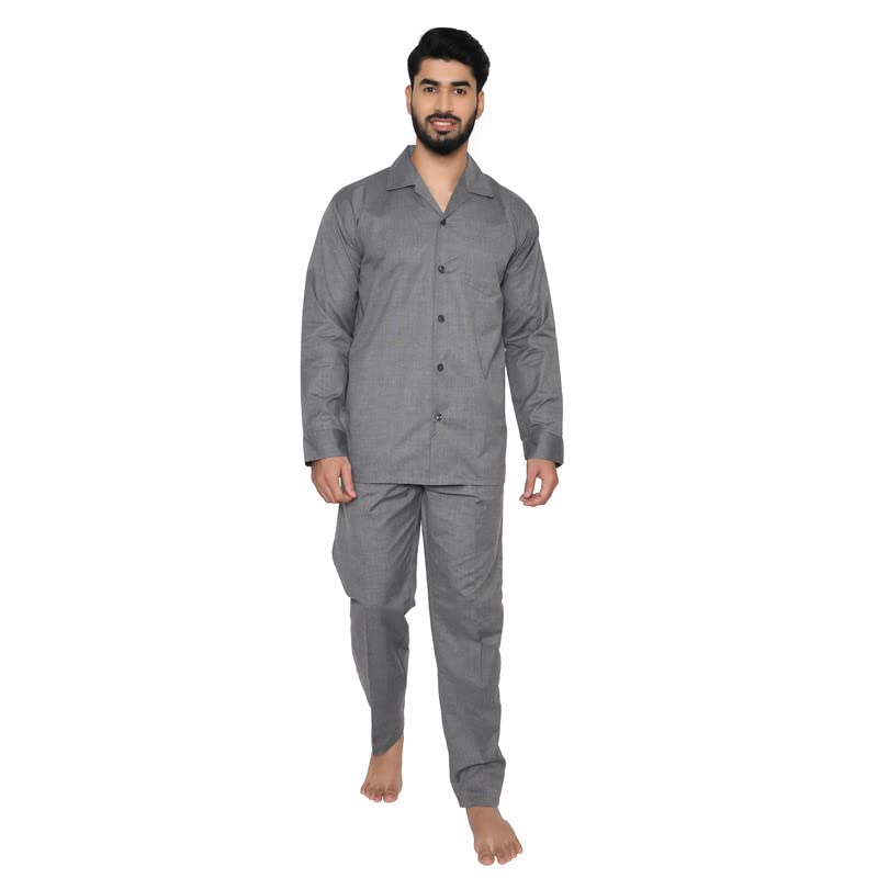 FILAFIL Cotton RICHED with Polyester Mens Nightsuit with Fully Elastic Pajama and Buttoned Full Sleeve TOP Size-M,D.Grey-image-6