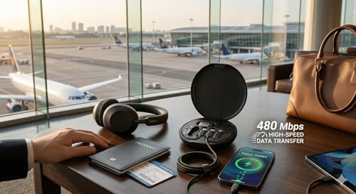 6-in-1 Travel Cable Organizer Kit with USB-C Adapter, Fast Charging & 480Mbps Data Transfer, SIM Card Storage Case & Phone Stand, All-in-One Tech Essentials for Travel