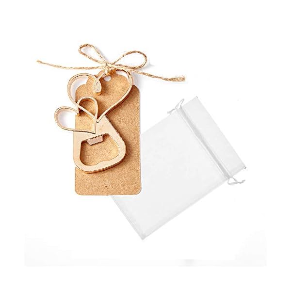 Amajoy 25 abridores de botellas de doble corazón dorado con etiqueta Kraft y bolsa de favores de boda regalo para… - Imagen 3