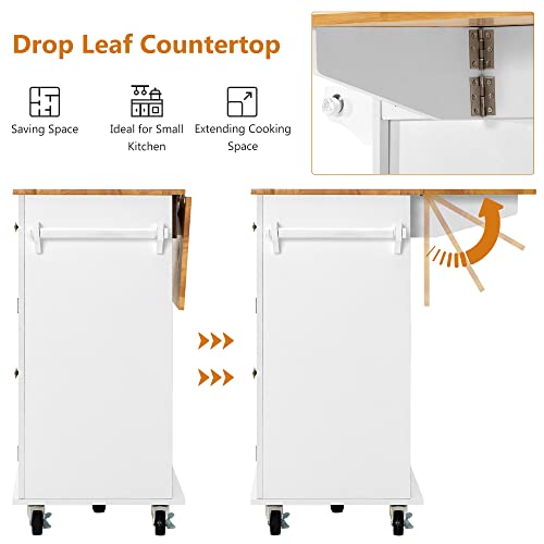 Squireewo Kitchen Cart With Wood Top And Drop Leaf Breakfast Bar, Rolling Mobile Kitchen Island Table On Wheels With Drawer And Storage Cabinet, Spice Rack, Towel Rack, White #TOP2