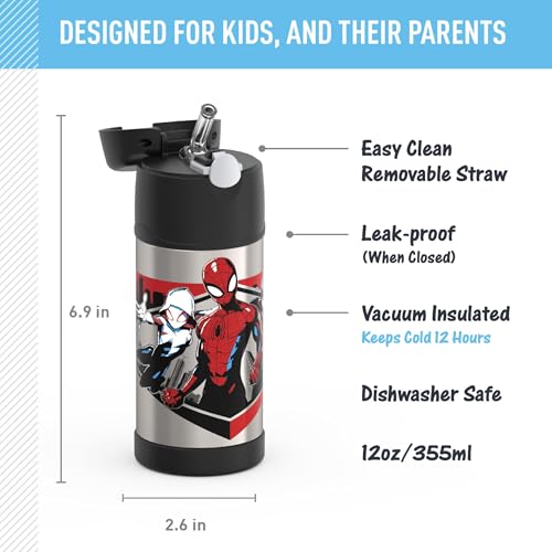 Image of THERMOS FUNTAINER Water Bottle with Straw, 12oz, Spiderman | Kids Stainless Steel Insulated Water Bottle, Keeps Drinks Cold Longer for School & Play, BPA-Free