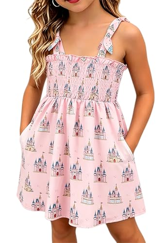 jusgai Princess Dress for Kids Baby Girls-Cartoon Graphics Sundress Holiday Family Trip Cami Dress Pleated Chest with Pockets (Pink-103,4T)
