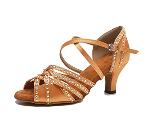 Minishion Dancing Salsa Shoes for Women Rhinestone Wedding Sandals L510 Brown US 8