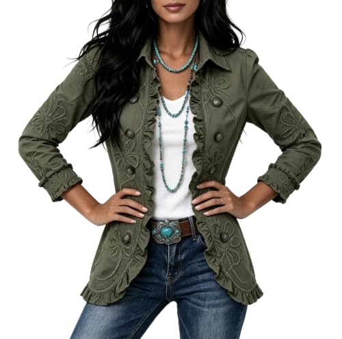 Cropped Blazer Women Open Front Cardigan Floral Embroidered Military Jacket