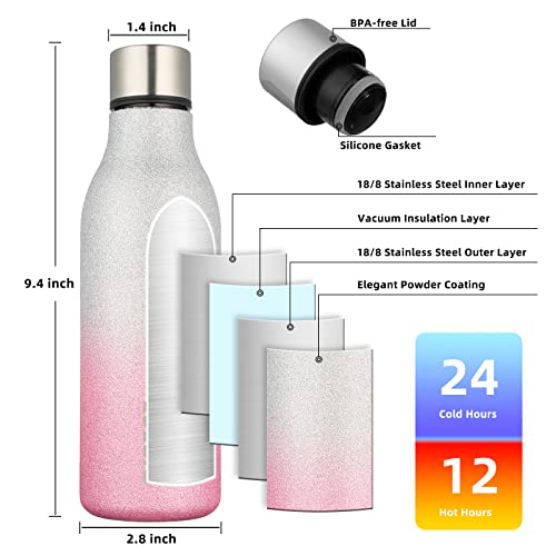 Image of BJPKPK Insulated Water Bottles, 18 oz Stainless Steel Metal Water Bottle with Strap, BPA Free Leak Proof Jugs,Mugs,Flasks, Reusable Thermal Flasks for Sports & Travel,Sparkling Silver Pink