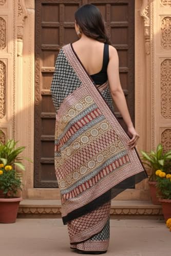 Image of Mulmul Cotton Saree for Women with Blouse Piece | Ajark Sarees | Hand Block Prints Sari | Bagru Print | Soft Mul Cotton Sadi
