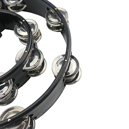 Ogrmar Double Row Handled Tambourine Metal Jingles Hand Held Percussion Drum with Ergonomic Handle Grip for Gift KTV/Party/Kids Toy (Black)