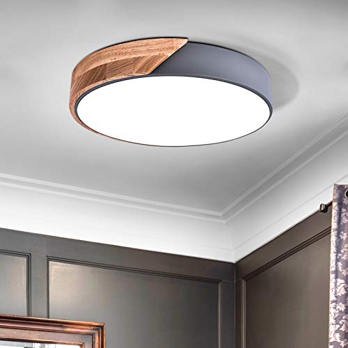 HUOKU Dimmable Flush Mount Ceiling Light, 15 inches Wood & Metal Modern Round Shape Lighting Fixtures, Ceiling Light Fixture for Bedroom, Living Room 6500K (Grey)