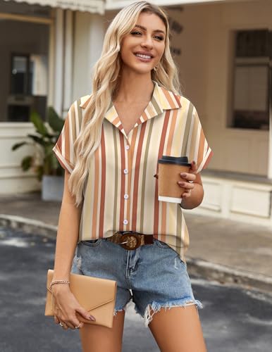 Zeagoo Short Sleeve Summer Tops for Women Casual Button Down Shirts Solid/Striped Business Work Blouses3