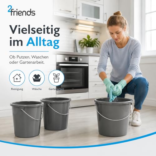Putzeimer 10l 3er Set, Eimer 10l Kunststoff mit Metallgriff & Messskala, Wischeimer, Putzkübel, Plastikeimer, BPA-frei, Haushaltseimer grau, vielseitig und robust, Made in EU