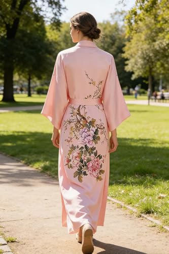 Image of Women's Classic 100% Silk Kimono Robe, Bathrobe-Printed Pattern