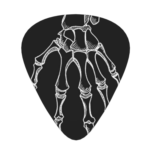 6枚パック エレキ&ベース用ギターピック - 様々な厚さ (0.46mm/0.71mm/0.96mm)、持ち運び可能、初心者向け (解剖学的骨格ハンドスケッチ 骨付き ブラック 解剖学 ボディケア 描画 指)
