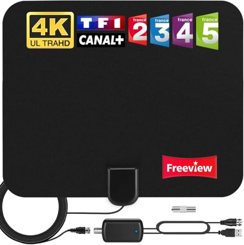 TV-Antenne für den Innenbereich, leistungsstark, TNT HD – HDTV-Antenne mit Signalverstärker mit hoher Verstärkung – großer Empfang und große Reichweite für 1080P 4K kostenlose Kanäle – 5 m