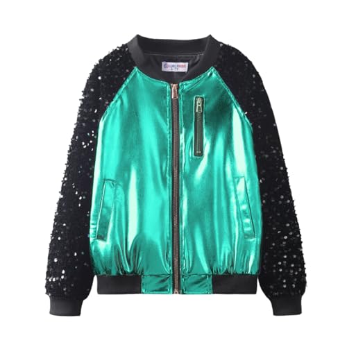 Image of WELAKEN Girls Sequin Sparkle Zip Bomber Jacket | Sequin sleeves, shiny bomber style, ribbed trim, smooth zipper and side pockets for party, dance, school and photos