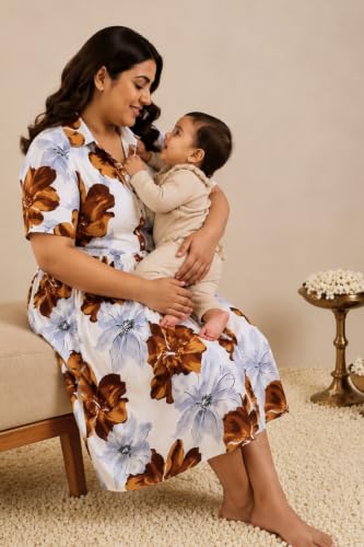 Image of ZELENA Rayon Lapel Neck Zipless Maternity Feeding Dress | Soft 100% rayon dress featuring a lapel neck, button-down zipless nursing , and half sleeves
