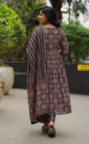 Image of Nermosa Women Printed Cotton Anarkali Kurta and Pant with Dupatta | Printed Kurta Set | Cotton Kurta Set | Summer Office Wear |