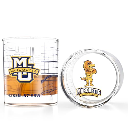 Image of Greenline Goods - University of Marquette Golden Eagles College Whiskey Glasses (Set of 2), 10 oz - Full-Color Logo + Campus Map