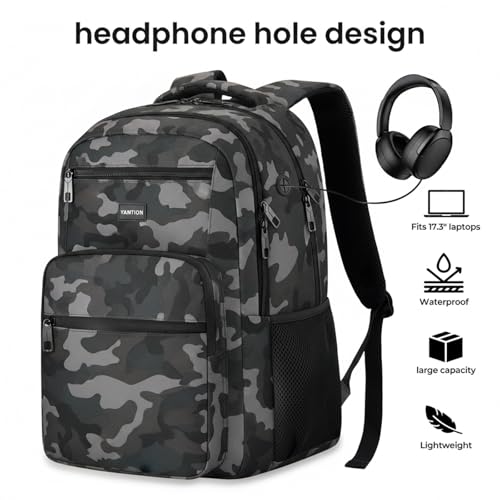 Image of YAMTION Laptop Backpack for Men, Black Backpack, School Backpack for Boys and Girls, Bookbag, Work Backpack (Black Camo, 17.3 inch)