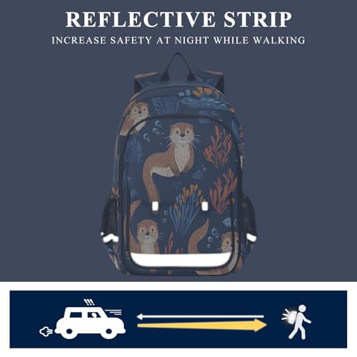Sea Otters Coral Backpack for Boys Girls Kids School Bag Lightweight Laptop Backpack Elementary Capacity Bookbags for Travel Daypack with Reflective Stripes 5