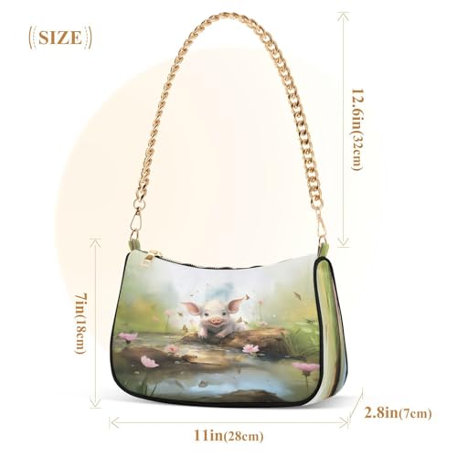 Shoulder Bags for Women Pig with Pink Flowers in Creek Hobo Tote Handbag Small Clutch Purse with Zipper Closure3
