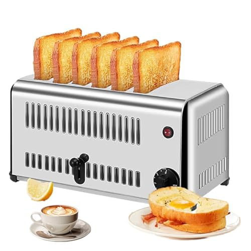 4/6 Commercial Toaster, 1650W Stainless Steel Wide Slot for Restaurant & Home Use, Extra-Long Smart Pop-Up for Bagels, Bread, Muffins, Sandwiches and Meatloaf 6 pieces
