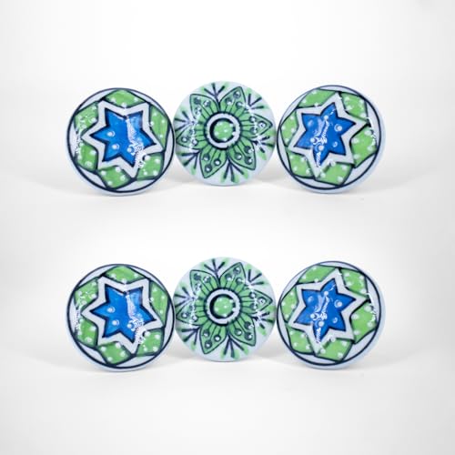 owlKraft Handmade Blue & Green Ceramic Stone Cabinet Knobs, Vintage Decorative Drawer Pulls for Trendy Cabinets, Modern Dressers & Cupboards, Knobs for Kitchen & Furniture - Set of 6