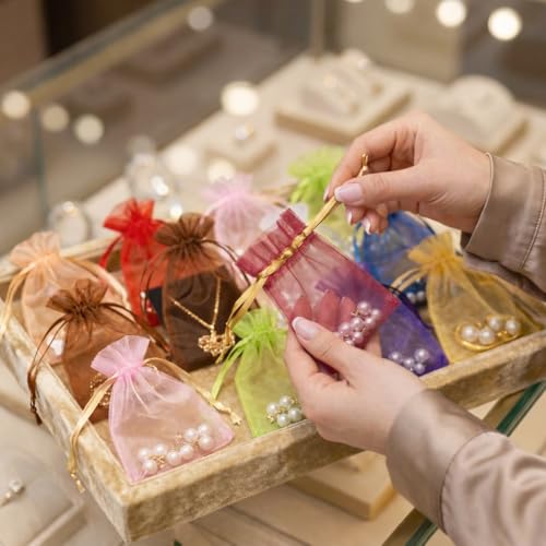 Image of 100PCS Organza Bags, 4X4.72 inch Wedding Favor Bags with Drawstring, Mixed Color Satin Drawstring Organza Pouch Gift Bags for Party, Jewelry, Christmas, Mother's Day, Festival, Bathroom Soaps, Makeup Organza Favor Bags Easter Gifts