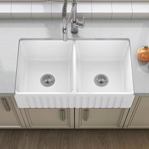 Sinber 33" x 18" White Ceramic Double Bowl Apron farmhouse Kitchen Sink With Strainer and Grill Cover