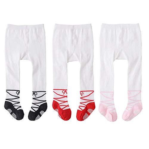 Epeius Baby Girl Tights with Shoes Newborn Girl Seamless Non Slip/Skid Leggings Organic Cotton Tights Footed Pants Stockings for 0-3 Months,3 Pair Pack Black/Red/Pink
