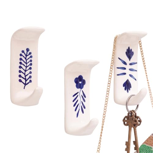Indian Shelf 3 Boho Ceramic Adhesive Hooks with 6 Strips for Keys & Towels