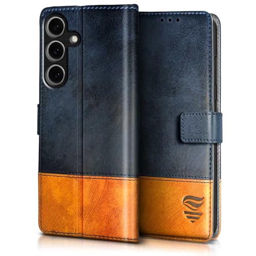 Image of FLIPPED Vegan Leather Flip Case Back Cover for Samsung Galaxy S25 5G (Flexible, Shock Proof | Hand Stitched Leather Finish | Card Pockets Wallet & Stand | Irish Blue with Tanned Oak)