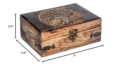 Image of Antique Handmade Wooden Jewelry Box - Tree of Life Engraved Keepsake Storage Organizer - Handcarved Decorative Box for Women & Men - Vintage Home Decor Accent & Gift - 7 inch x 5.5 inch x 3.5 inch