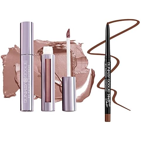 Runway Rogue ‘Soft Light’ Dark-Pink Pearl Glam Shimmer Long Wear Liquid Lipstick Bundle with ‘Trendsetter’ Soft-Mocha Designer Liner Lip Liner Cover