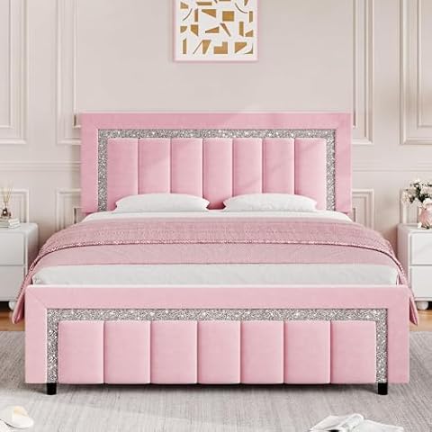 HOMBCK Full Size Bed Frame, Velvet Upholstered Bed Frame with Diamond Tufted Headboard and Footboard, Pink Bed Frame Full, Vertical Channel Tufted Design, No Box Spring Needed, Easy Assembly, Pink Cover