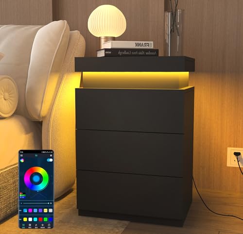 La mejor comparación de Buros Baratos más recomendados. 45 XIESHIWEN Mesita de Noche, 45x35x68cm Buros para recamara con 3 Niveles de Cajones, Tapa Deslizante, Puertos USB y Tomas de Corriente, Luz LED Ajustable, Estación de Carga(Negro)