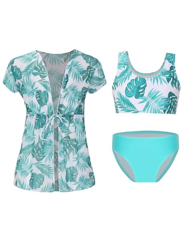3Pcs Kids Girls Cover Up Dress Beachwear Tankini Set Short Sleeve Swimsuit Bathing Suit