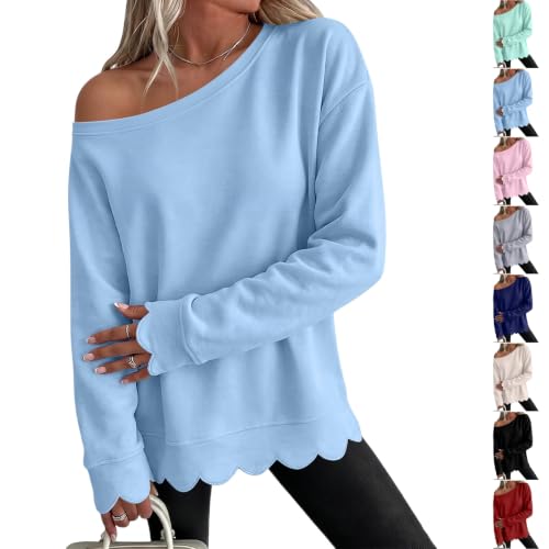 Womens Off Shoulder Sweatshirt Loose Fit Scalloped Fall Casual Sweatshirts - image 1