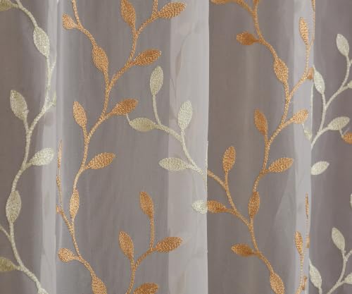 Image of Fabrilia Sheer Tissue Embroidery Curtain for Living Room, Bedroom & Dining Area | Leaf Vine Pattern Net Eyelet Curtain | Cream with Gold Touch Design | 5 feet Long Set of 2 Curtain