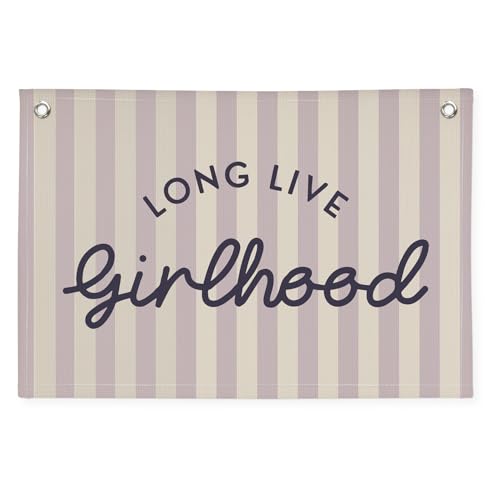 Image of Purple Girls Room Decor Long Live Girlhood Banner, Vintage Stripes Flag Banner Nursery Playroom Wall Decor for Girls Bedroom Dorm Toddler Decorations Teen Girls Kids Room 30x20,girlroom