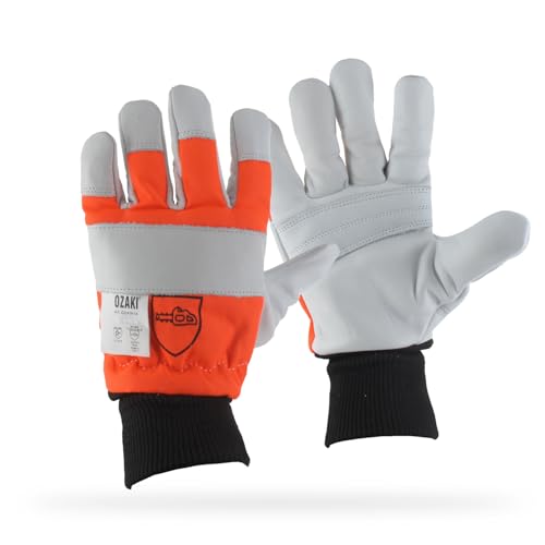 OZAKI - Gants Tronçonneuse - Gants Demi-Saison Spécial Travaux de Tronçonnage - Protection Dos de la Main Gauche - Taille 11/XL, Orange-beige