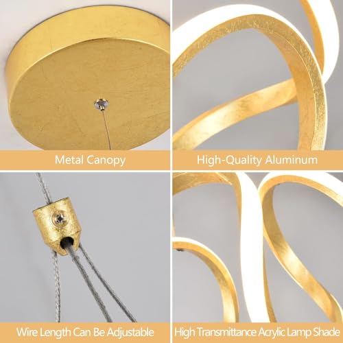 Image of DarkVision Modern Ribbon LED Hanging Ceiling Light for Living Room | Contemporary Hanging Fixture Gold Spiral Pendant | 3 in 1 Color Changing Lighting for Dining Room, Kitchen and Home Decoration
