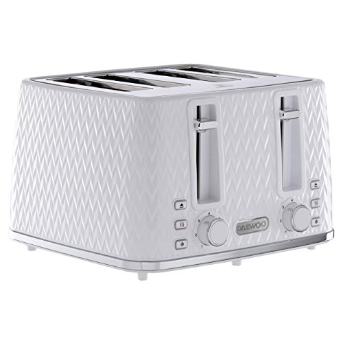 Daewoo SDA1864 Argyle Collection Toaster 4 Slice With Defrost Reheat And Browning Control To Use At Your Convenience While The Removable Crumb Tray Makes Cleaning Quick White