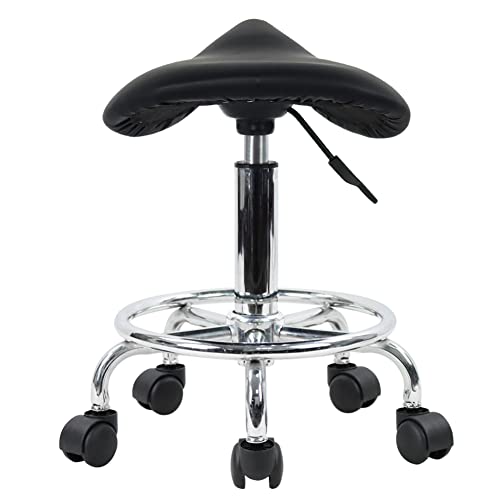 Kktoner Saddle Stool With Foot Rest Pu Leather Swivel Adjustable Rolling Stool With Wheels Facial Salon Chair (Black) #TOP7