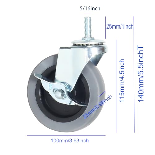 Caster Wheels, Heavy Duty Casters Threaded Stem Casters No Noise Swivel Casters Set of 4 Locking Castor Wheels for Funiture, Workbench, Carts (5/16''-18×25mm, 4 Inch) by AOCHENLY - Used condition - Image 6
