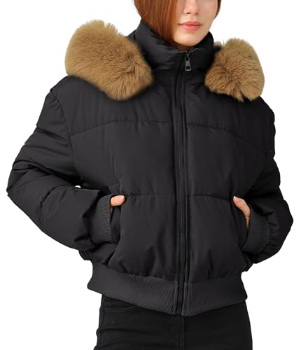 Image of Adigau Women's Winter Quilted Coat Warm Cropped Coats Outdoor Padded Jacket Casual Puffer Jackets Cute Outerwear Faux Fur Hooded Black M