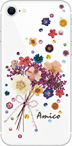 iPhoneSE 第2世代 ケース アイフォンSE カバー ラインストーン らふら 押し花風 ブーケフラワー