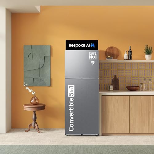 Image of Samsung 350 L, 3 Star, Convertible 5-in-1, Digital Inverter, Frost Free Double Door, WiFi Enabled Bespoke AI Refrigerator (RT38DG5A4DS8HL, Elegant Inox, Silver)
