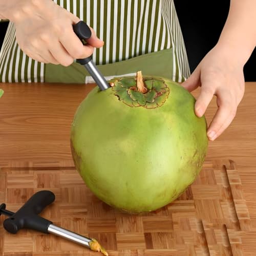 Image of Stainless Steel Coconut Opener Tool with Comfortable Grip Handle, Tender Coconut Opener Set with 2 Bent Straws, 2 Straight Straws and 1 Cleaning Brush (Pack of 1)